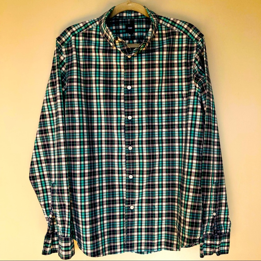 GAP Navy Green White Plaid Shirt EUC